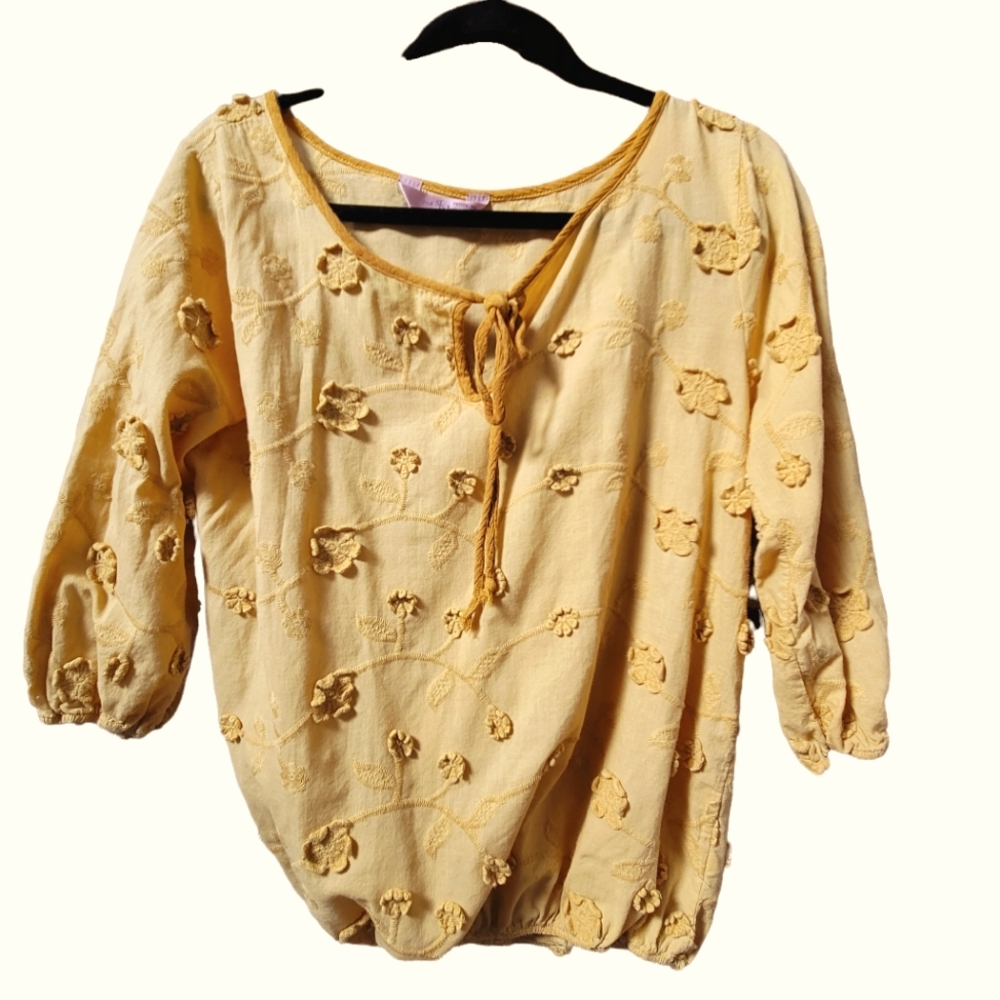 Womens Mustard yellow peasant floral top SZ XL